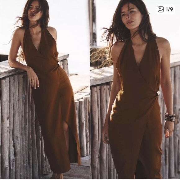 Zara Brown Backless Halter Dress - Picture 3 of 13